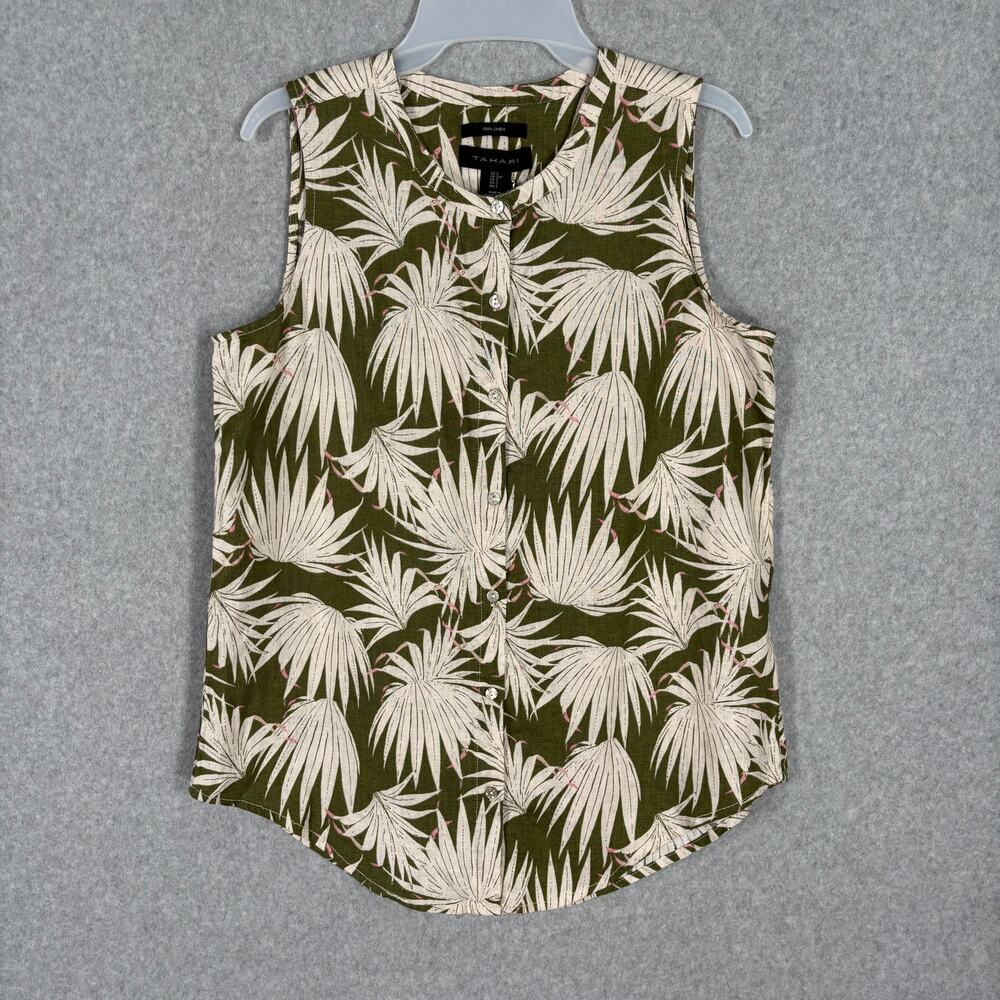Tahari Tank Top Women Small Green Cream Linen Palm Resort Cruise Vacation Button